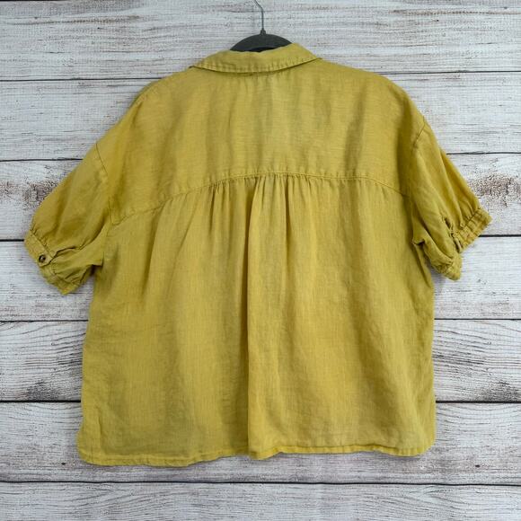 Pilcro Anthropologie Linen V-Neck Button Down Shirt Womens Medium Yellow - Picture 2 of 11